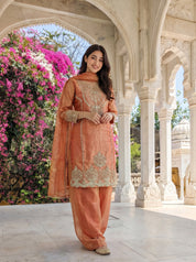 Peach Floral Embellished Kurta Set with Flared Pants & Dupatta in Viscose