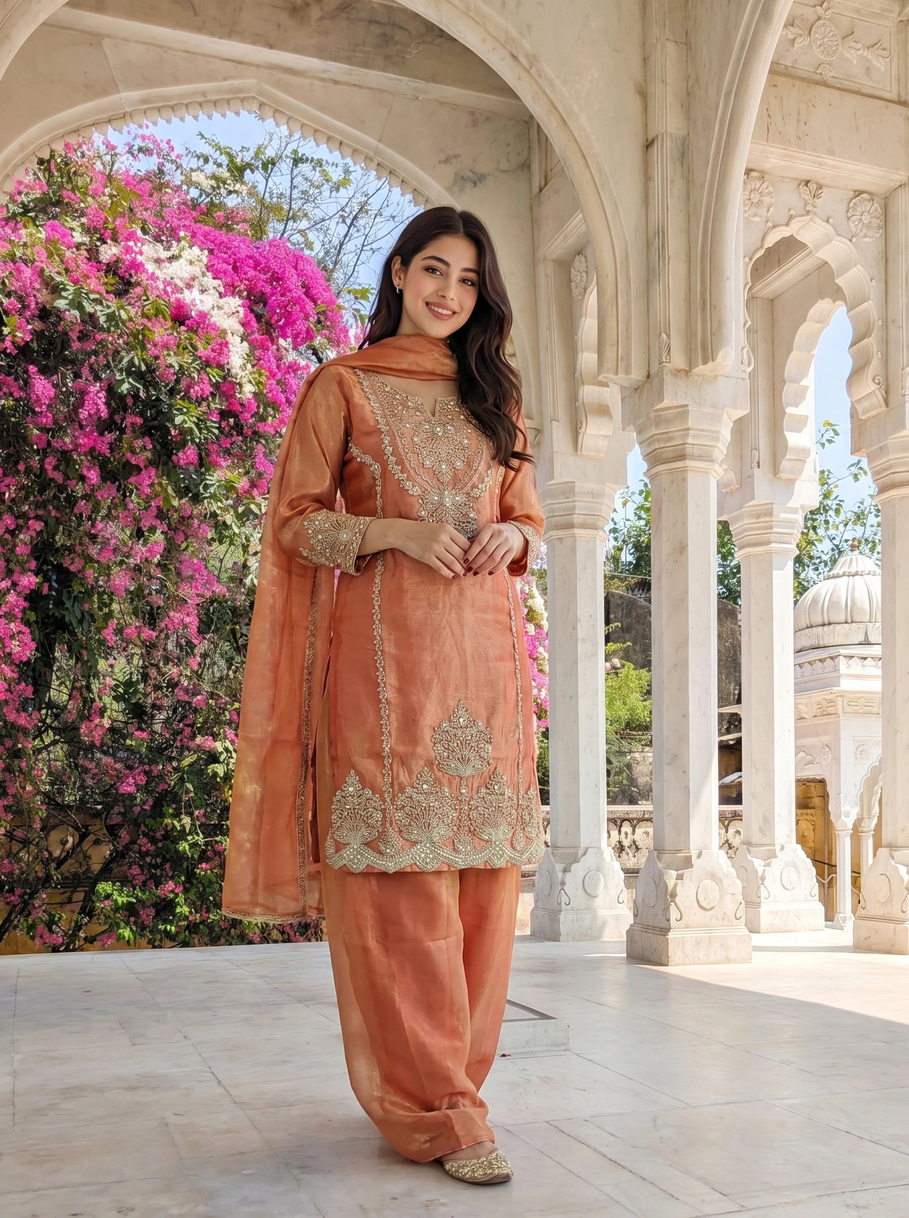 Peach Floral Embellished Kurta Set with Flared Pants & Dupatta in Viscose