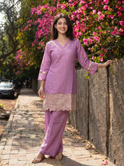 Mauve Embroidered Co-ord Set with Wide-Leg Pants in Viscose
