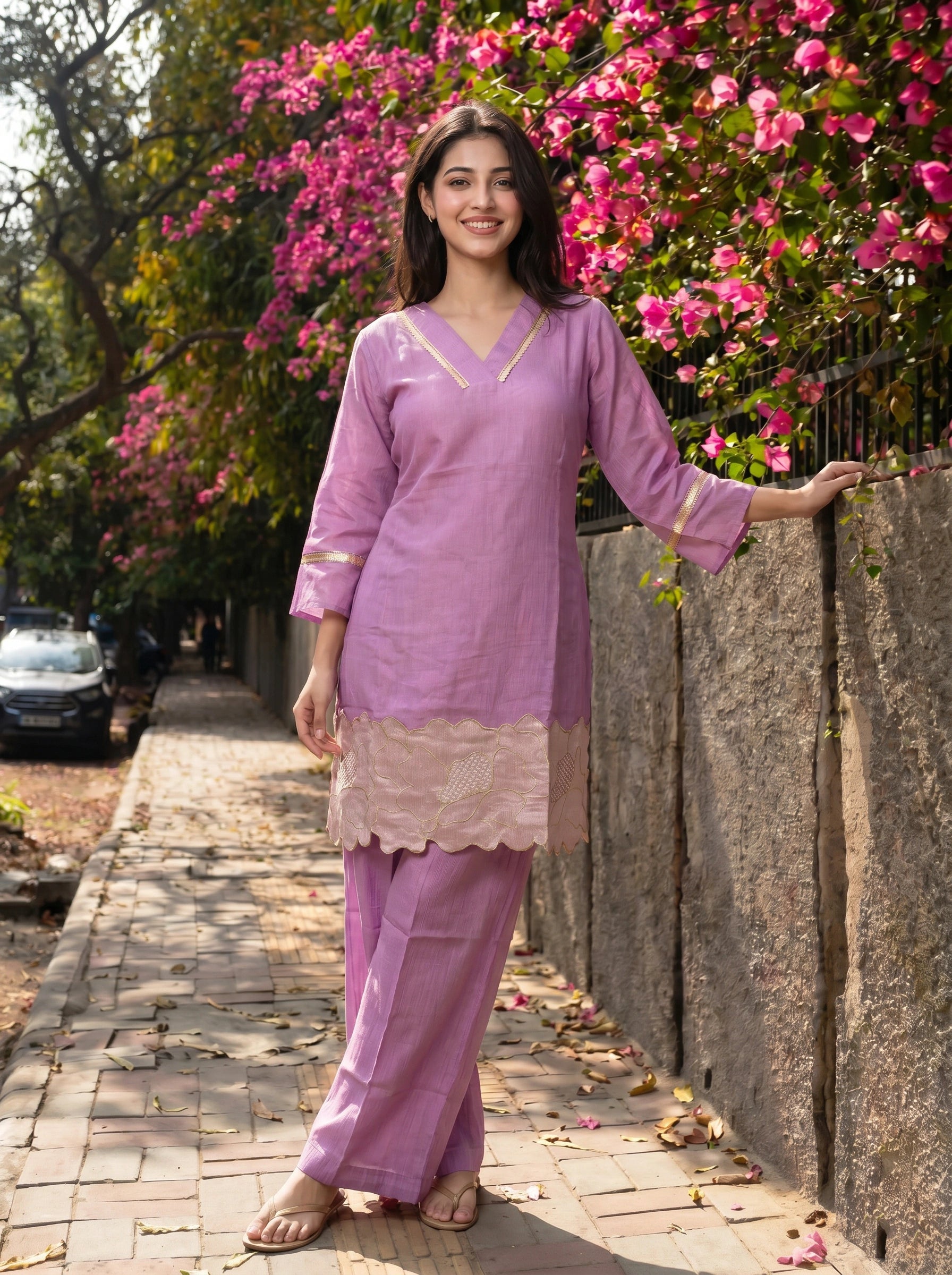 Mauve Embroidered Co-ord Set with Wide-Leg Pants in Viscose