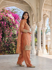 Peach Floral Embellished Kurta Set with Flared Pants & Dupatta in Viscose