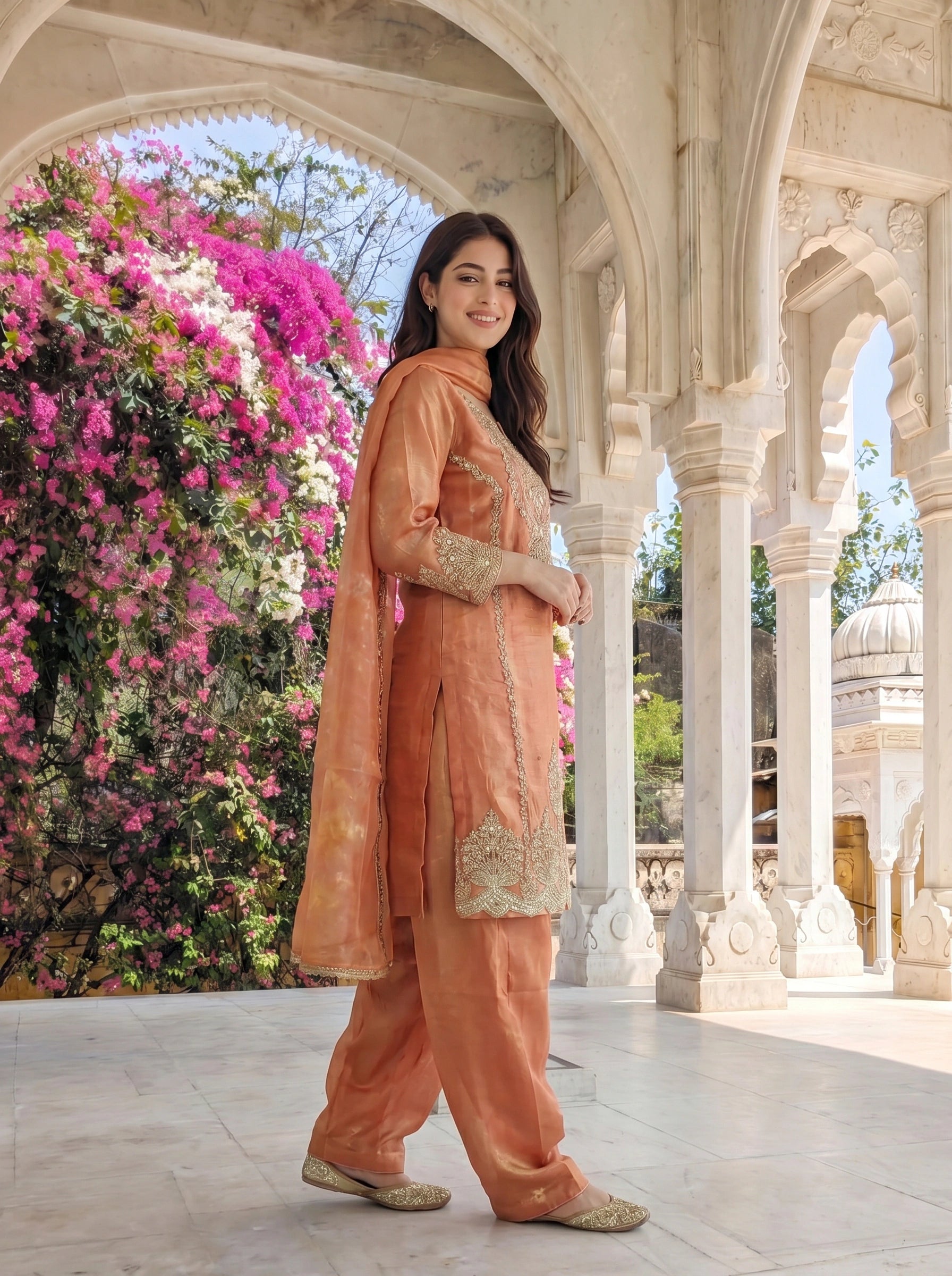 Peach Floral Embellished Kurta Set with Flared Pants & Dupatta in Viscose