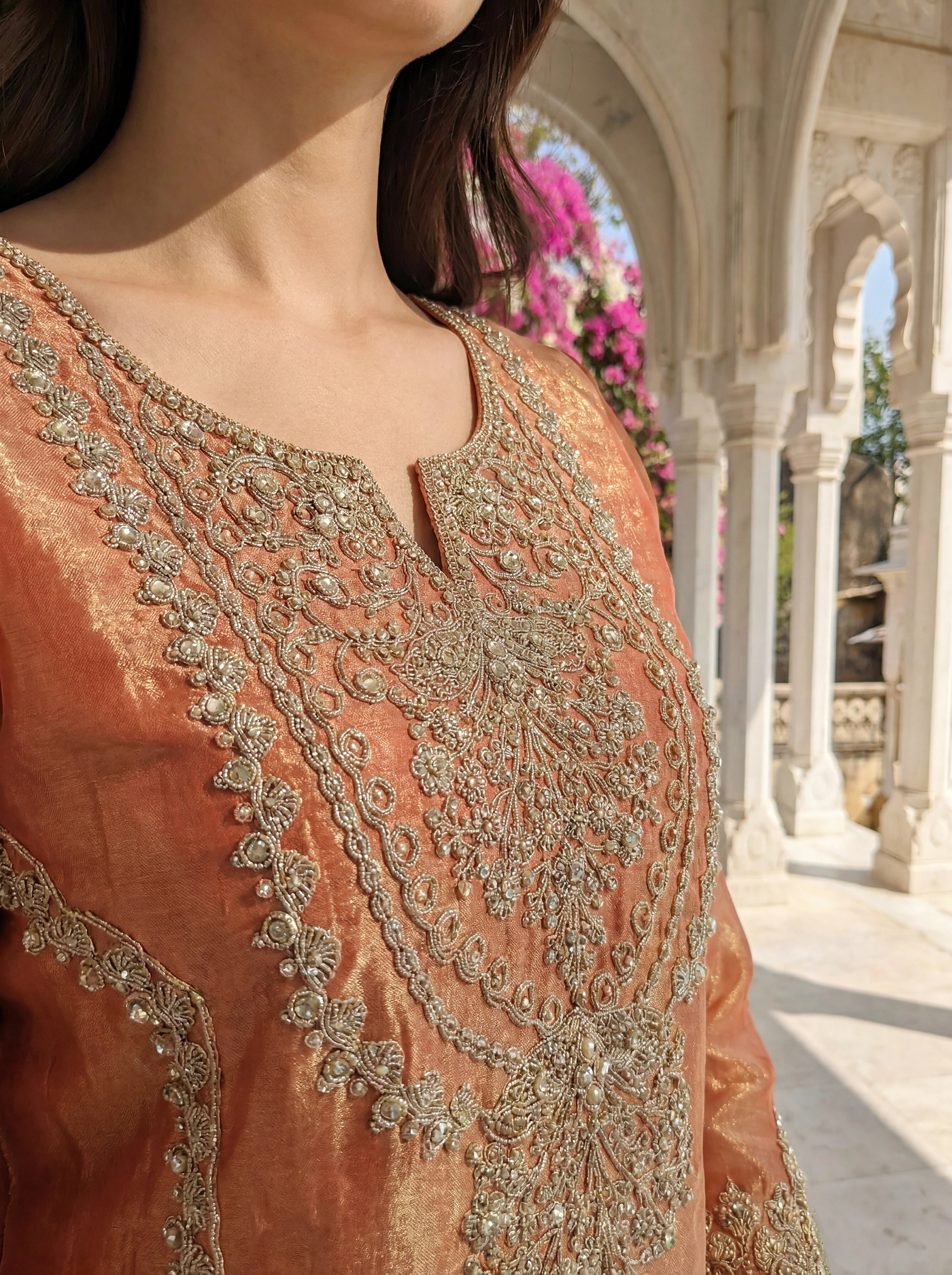 Peach Floral Embellished Kurta Set with Flared Pants & Dupatta in Viscose