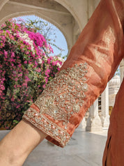 Peach Floral Embellished Kurta Set with Flared Pants & Dupatta in Viscose