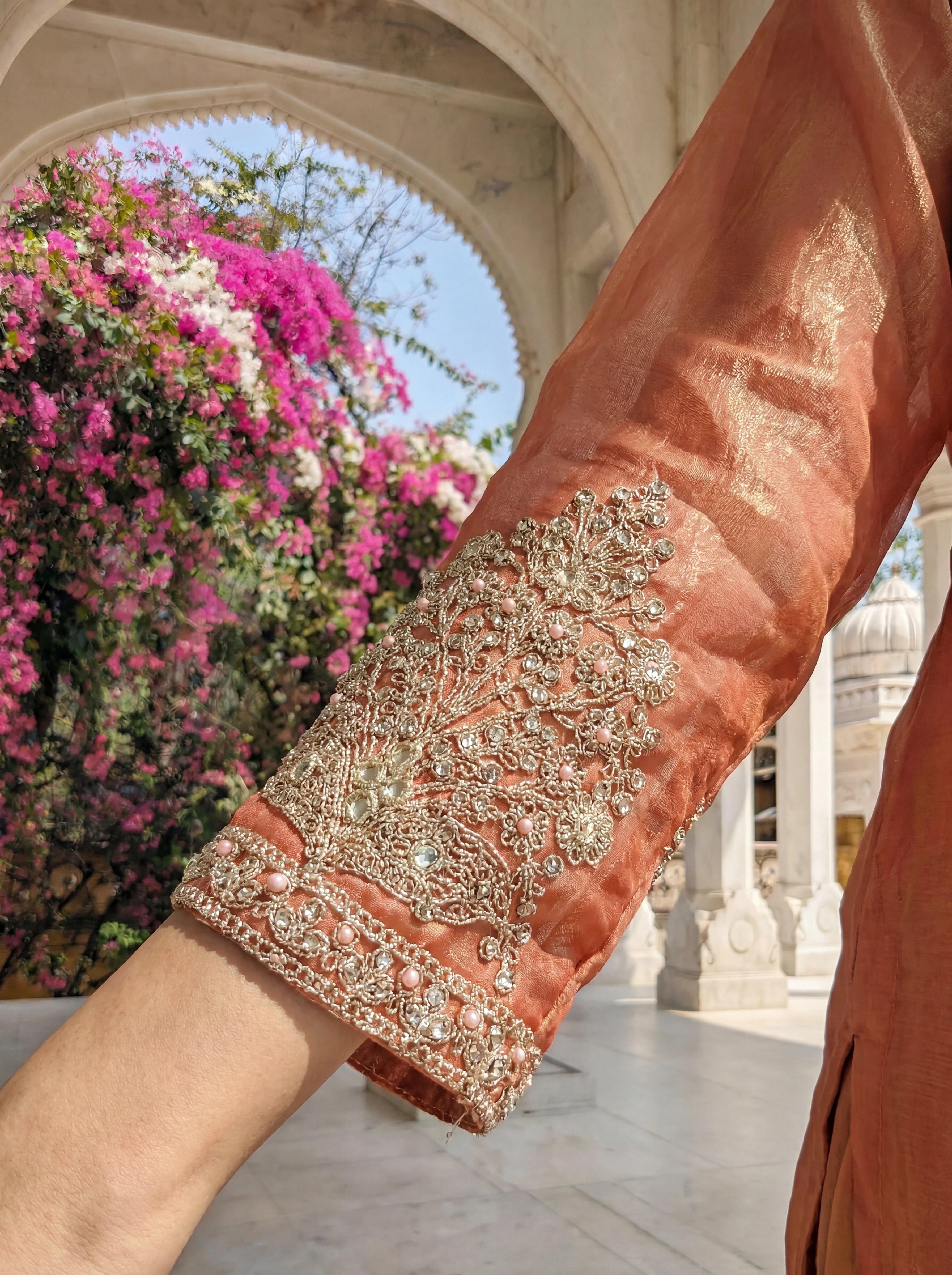Peach Floral Embellished Kurta Set with Flared Pants & Dupatta in Viscose
