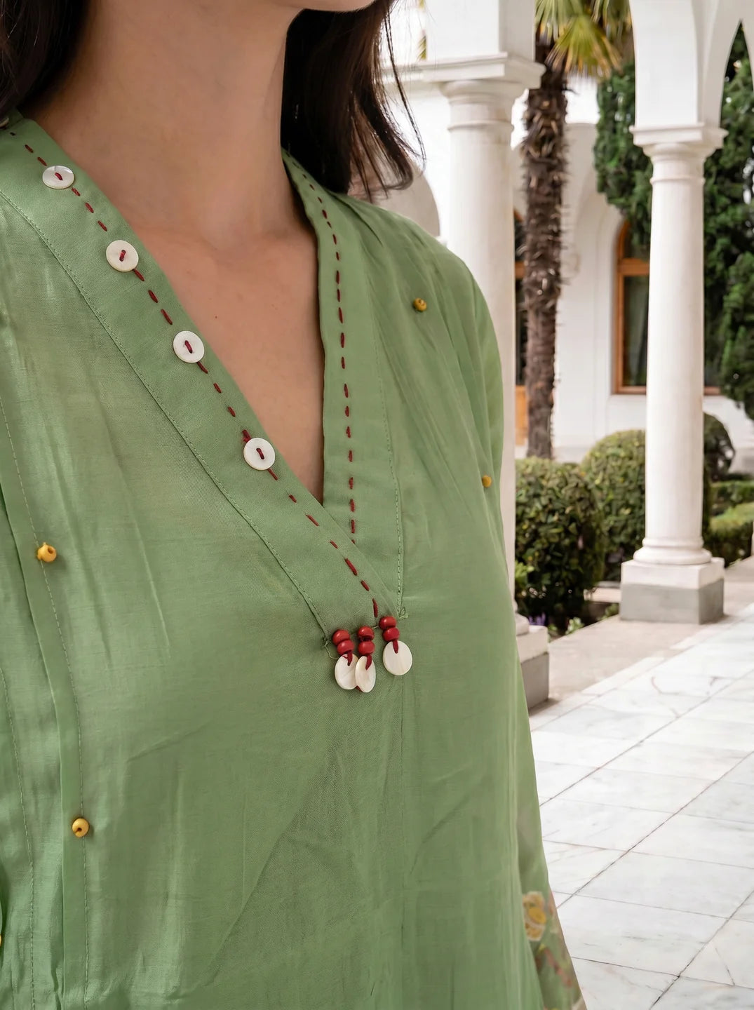 Sage Green Embroidered A-Line Co-ord Set in Mal Chanderi