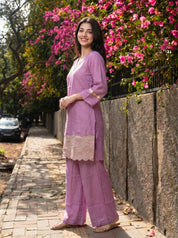 Mauve Embroidered Co-ord Set with Wide-Leg Pants in Viscose
