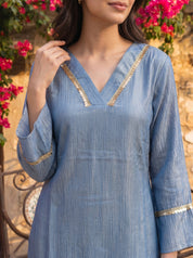 Dusty Blue Embroidered Co-ord Set with Wide-Leg Pants in Viscose