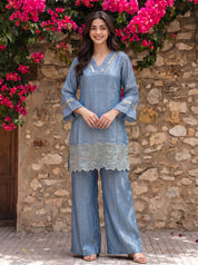 Dusty Blue Embroidered Co-ord Set with Wide-Leg Pants in Viscose