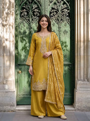 Mustard Embroidered Kurta Set with Dupatta in Viscose