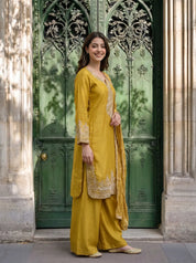 Mustard Embroidered Kurta Set with Dupatta in Viscose
