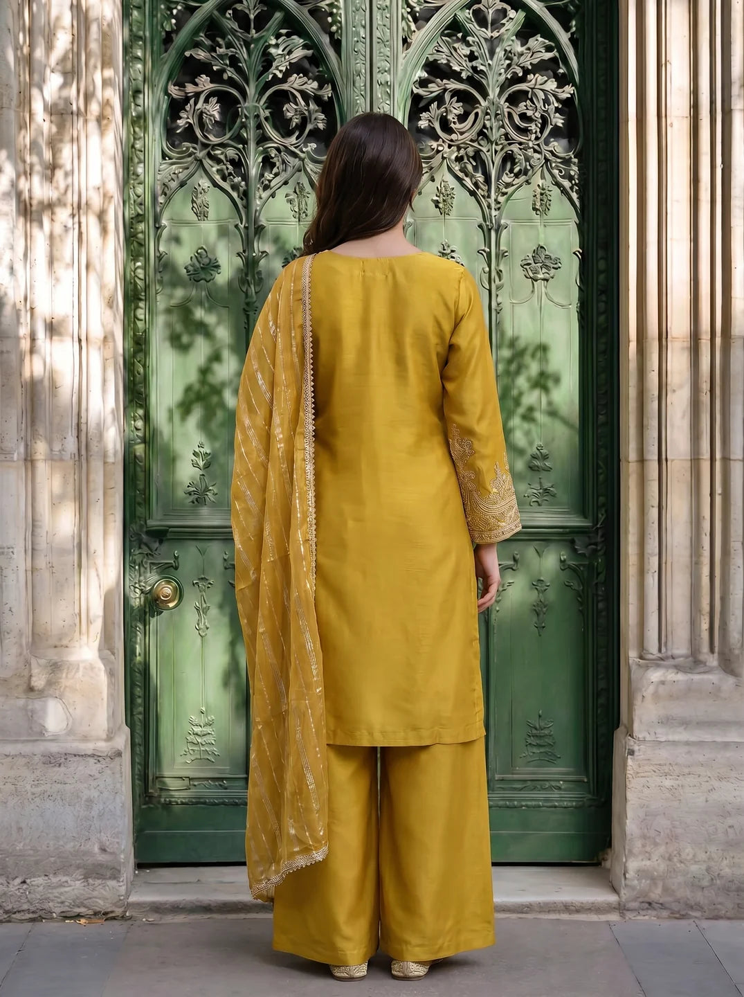 Mustard Embroidered Kurta Set with Dupatta in Viscose