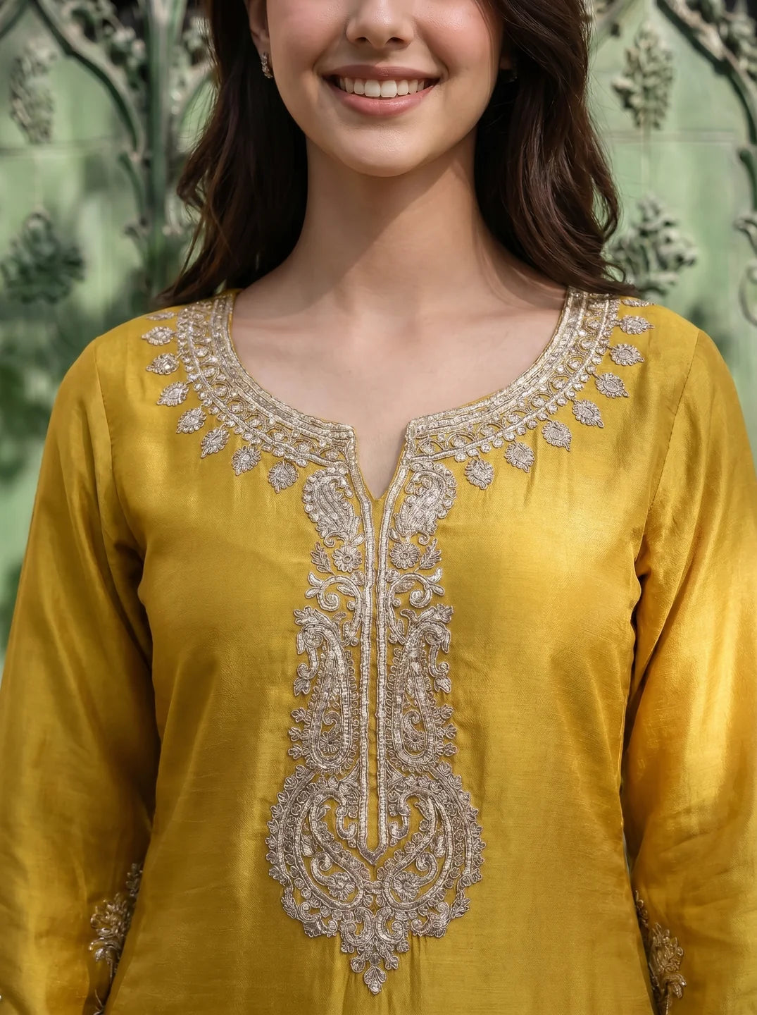 Mustard Embroidered Kurta Set with Dupatta in Viscose