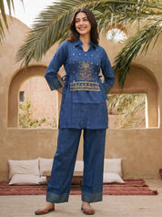 Midnight Indigo Layered Embroidered Co-ord Set with Mirror Work in Viscose