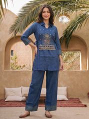 Midnight Indigo Layered Embroidered Co-ord Set with Mirror Work in Viscose