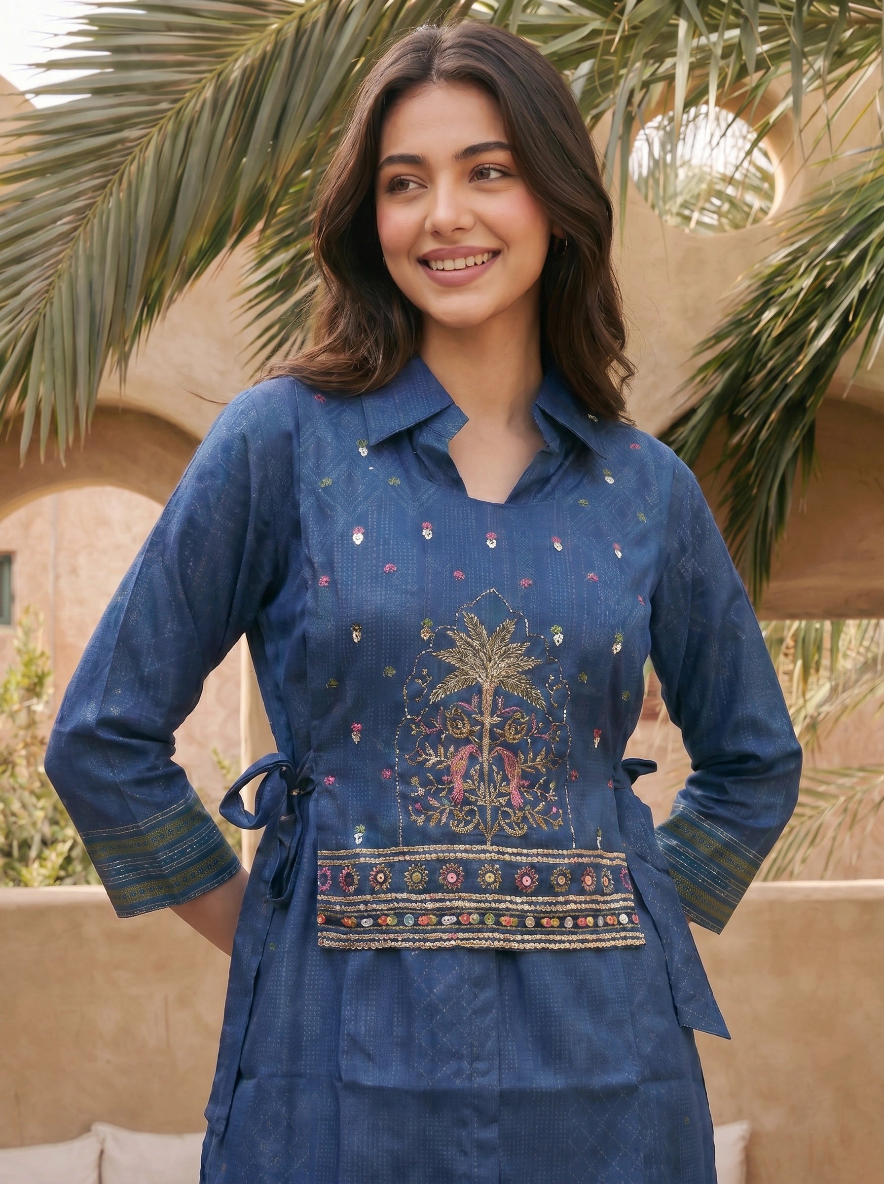 Midnight Indigo Layered Embroidered Co-ord Set with Mirror Work in Viscose