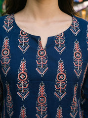 Dark Blue Printed Cotton Short Kurti