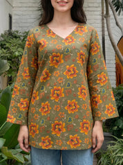 Olive Green Floral Cotton Short Kurti