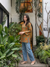 Olive Green Floral Cotton Short Kurti