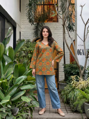 Olive Green Floral Cotton Short Kurti