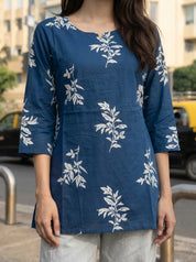 Navy Blue Leaf Print Cotton Short Kurti