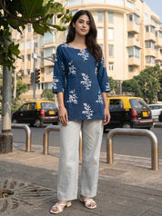 Navy Blue Leaf Print Cotton Short Kurti