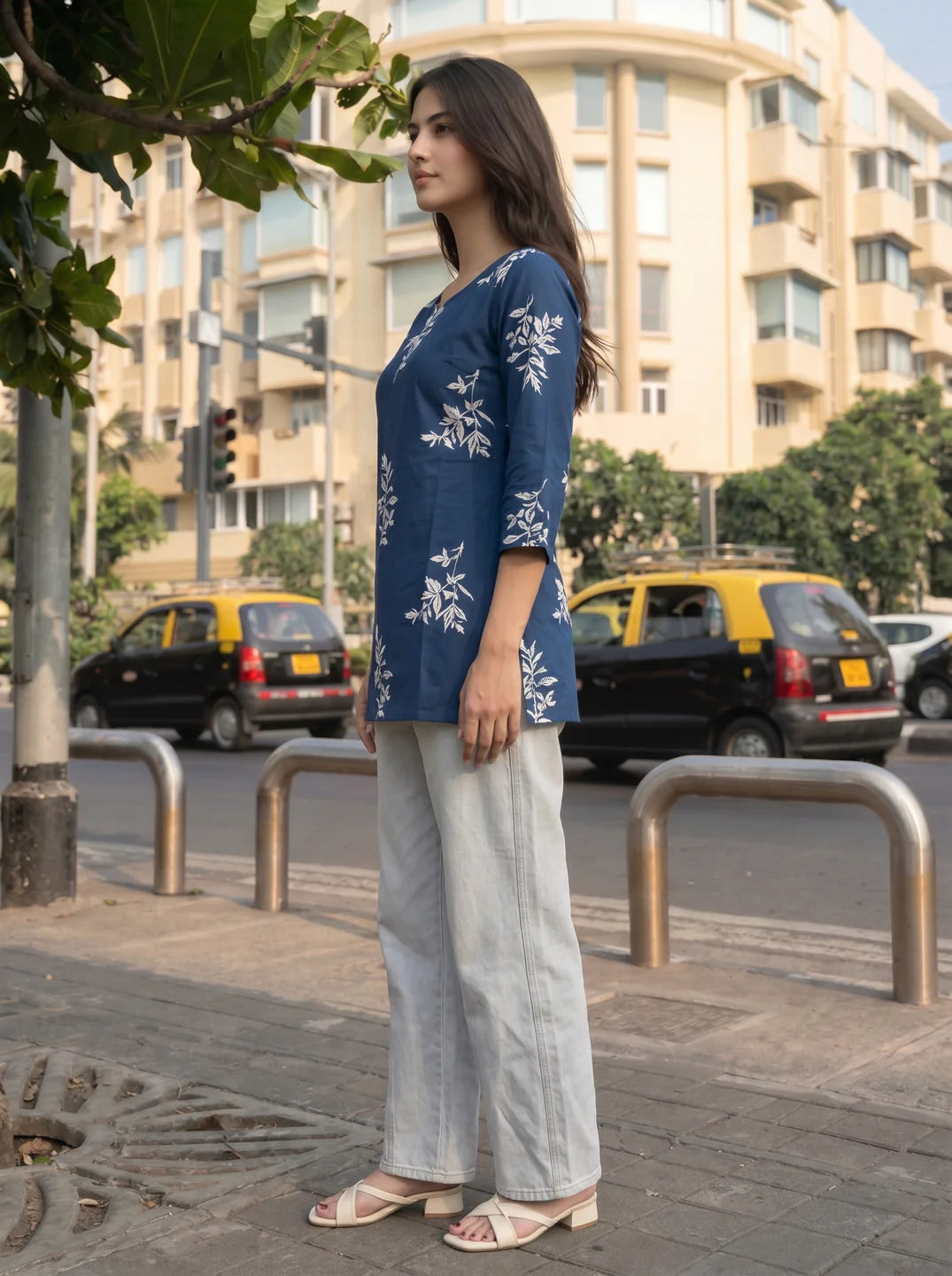 Navy Blue Leaf Print Cotton Short Kurti