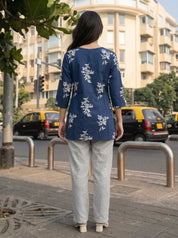 Navy Blue Leaf Print Cotton Short Kurti