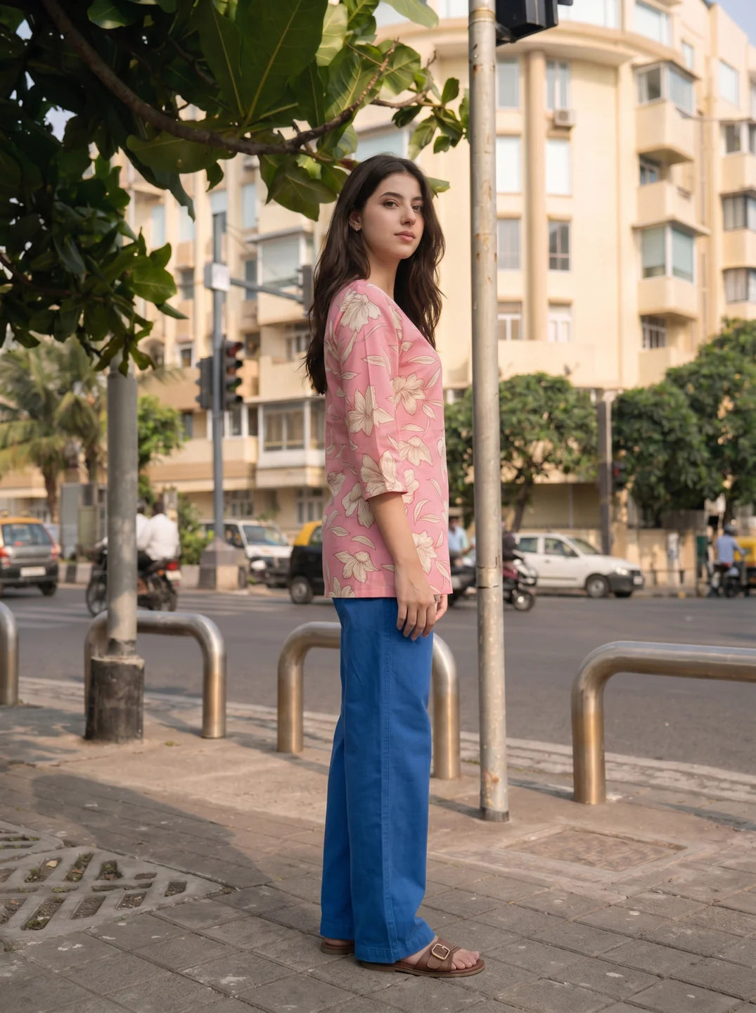 Rosy Pink Floral Cotton Short Kurti