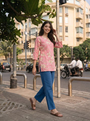 Rosy Pink Floral Cotton Short Kurti