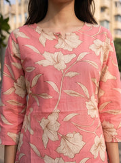 Rosy Pink Floral Cotton Short Kurti
