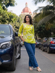 Lime Green Floral Cotton Short Kurti