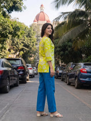 Lime Green Floral Cotton Short Kurti