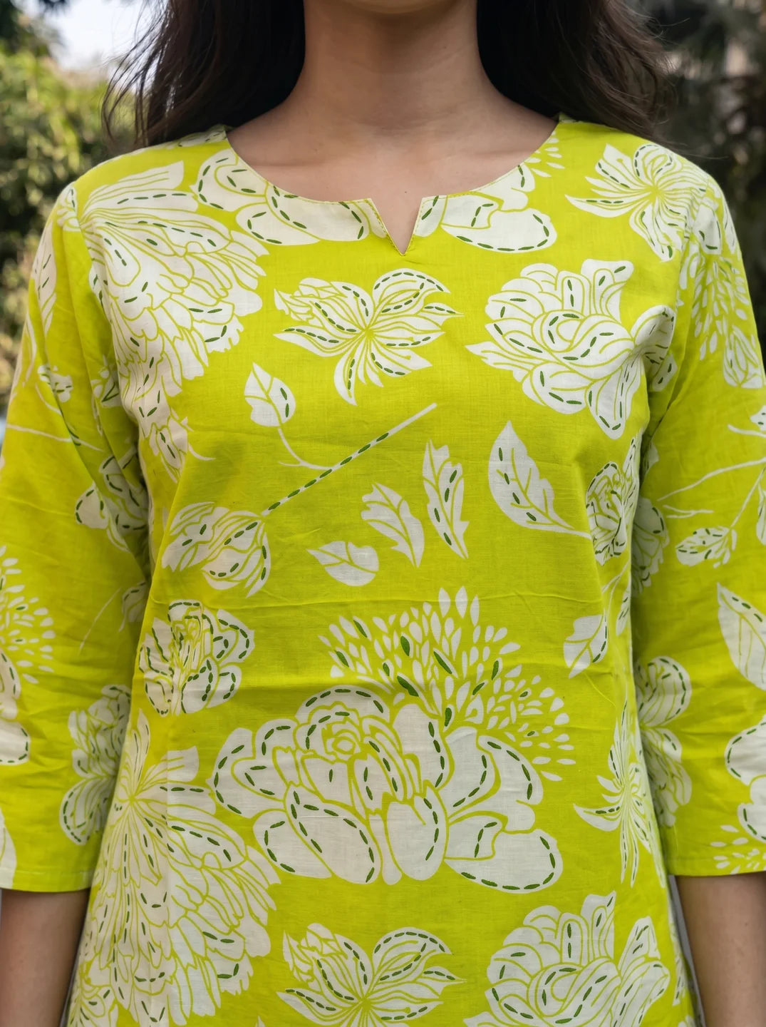 Lime Green Floral Cotton Short Kurti