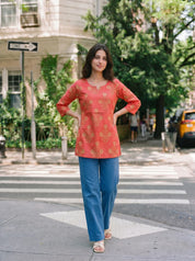 Red Floral Buta Cotton Short Kurti