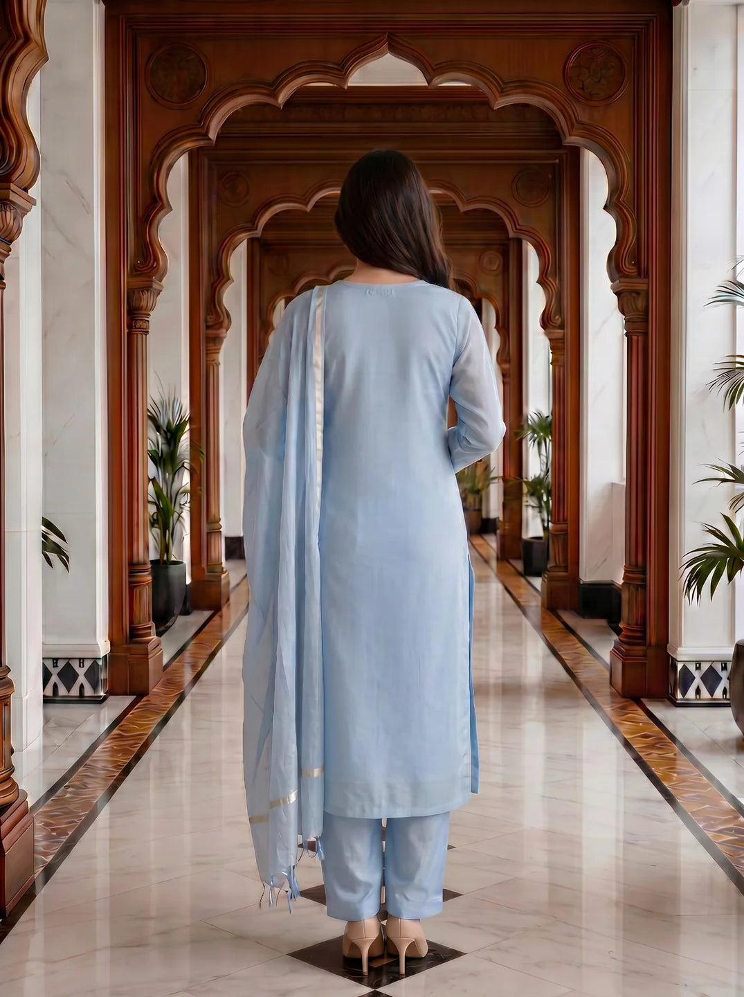 Pastel Blue Embroidered Kurta Set With Mul Chanderi Dupatta