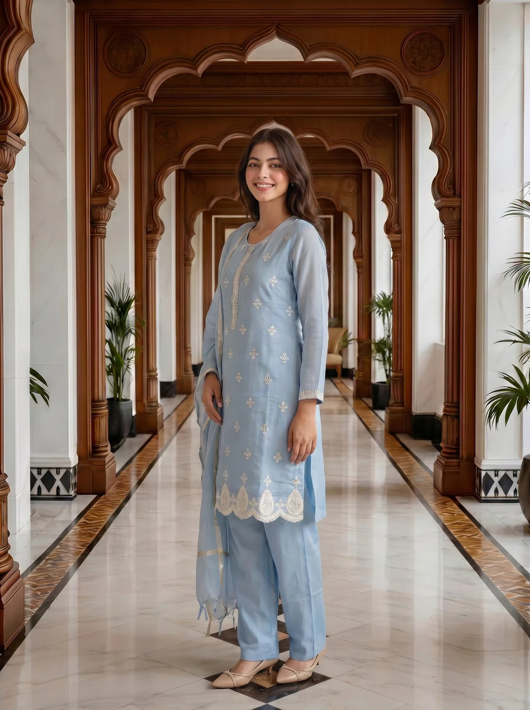 Pastel Blue Embroidered Kurta Set With Mul Chanderi Dupatta