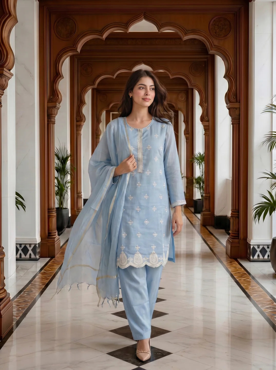 Pastel Blue Embroidered Kurta Set With Mul Chanderi Dupatta