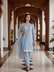 Pastel Blue Embroidered Kurta Set With Mul Chanderi Dupatta