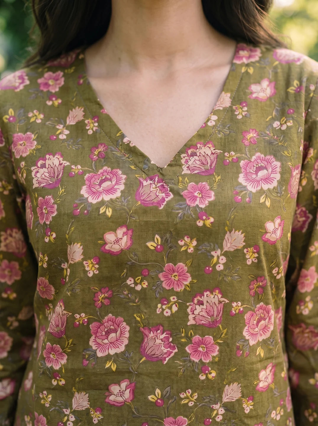 Olive Green Floral Print Cotton Short Kurti