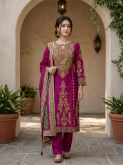 Fuchsia Pink Printed Kurta Set With Muslin Dupatta