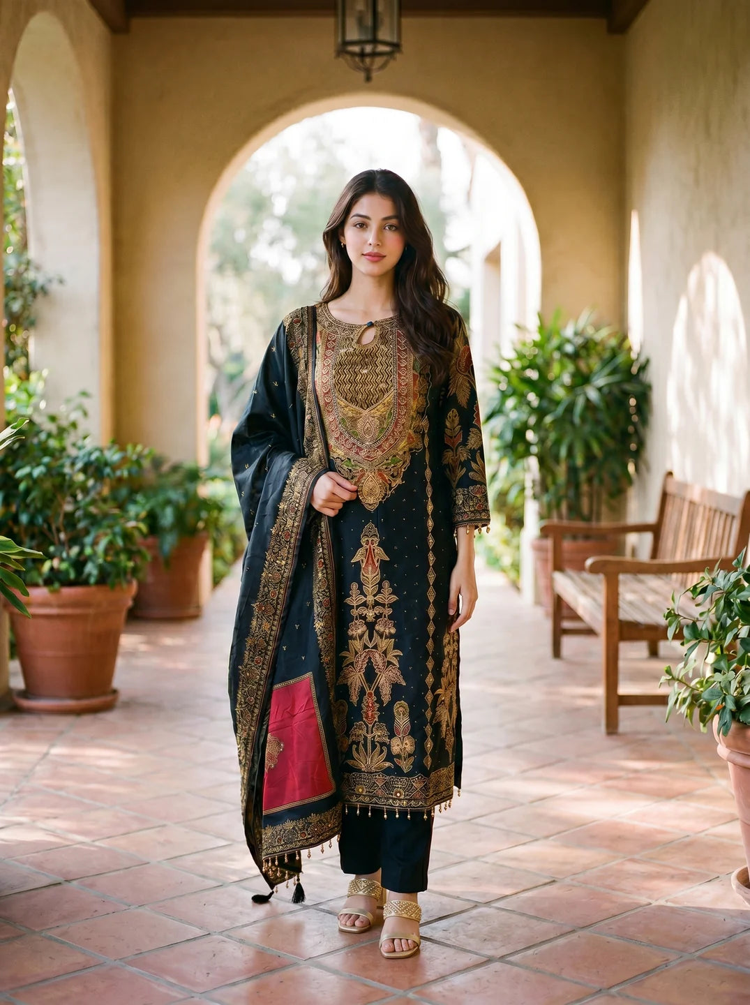 Black Printed Kurta Set With Muslin Dupatta