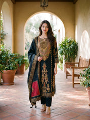 Black Printed Kurta Set With Muslin Dupatta