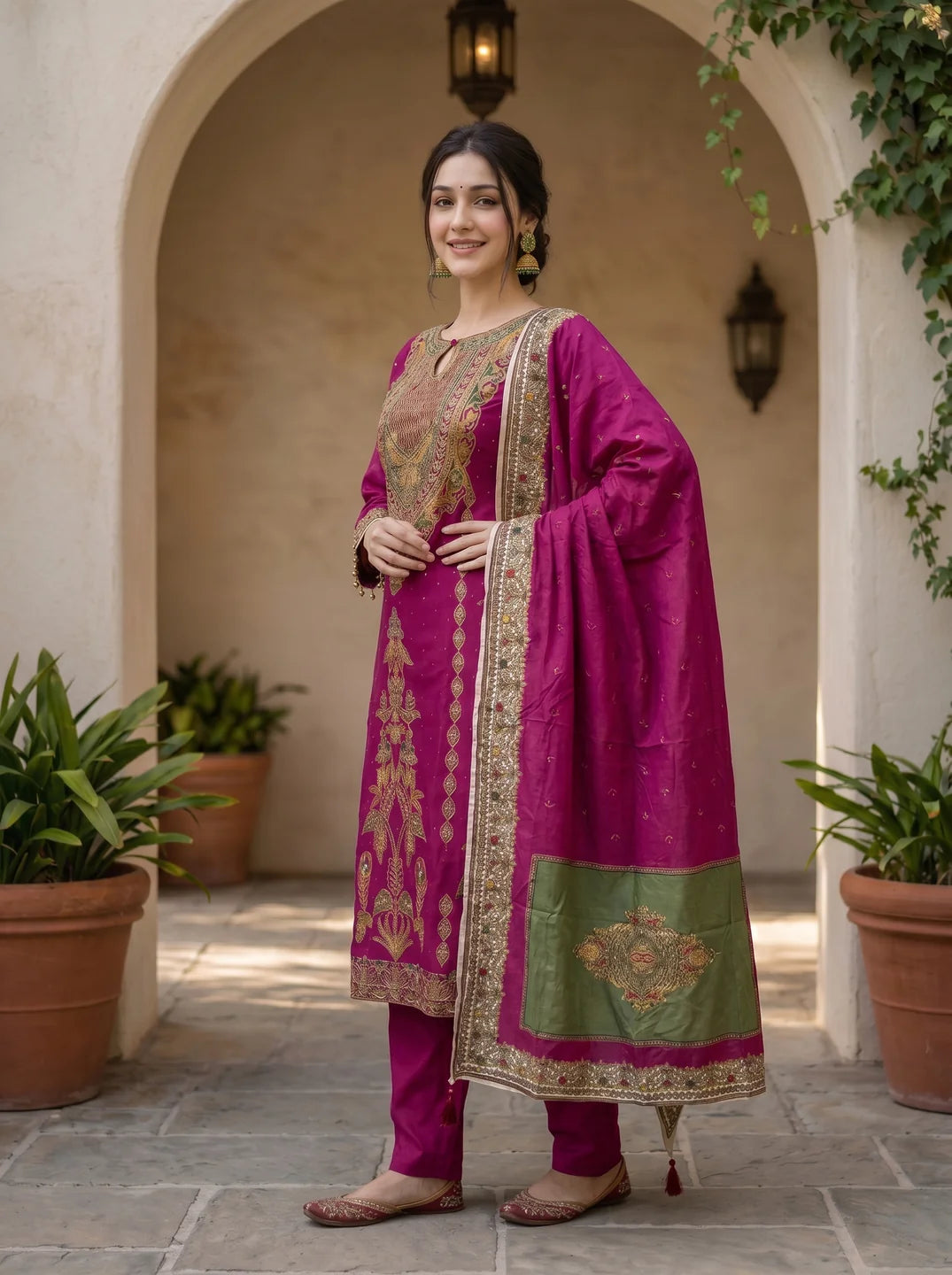 Fuchsia Pink Printed Kurta Set With Muslin Dupatta