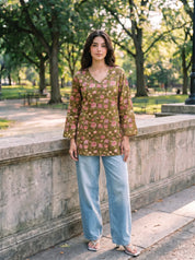 Olive Green Floral Print Cotton Short Kurti