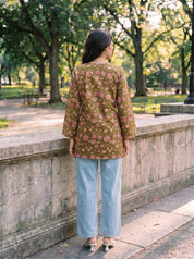 Olive Green Floral Print Cotton Short Kurti