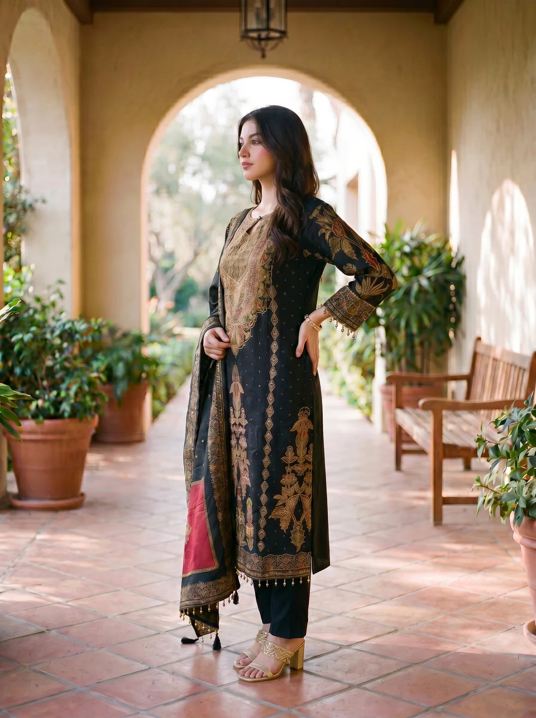 Black Printed Kurta Set With Muslin Dupatta