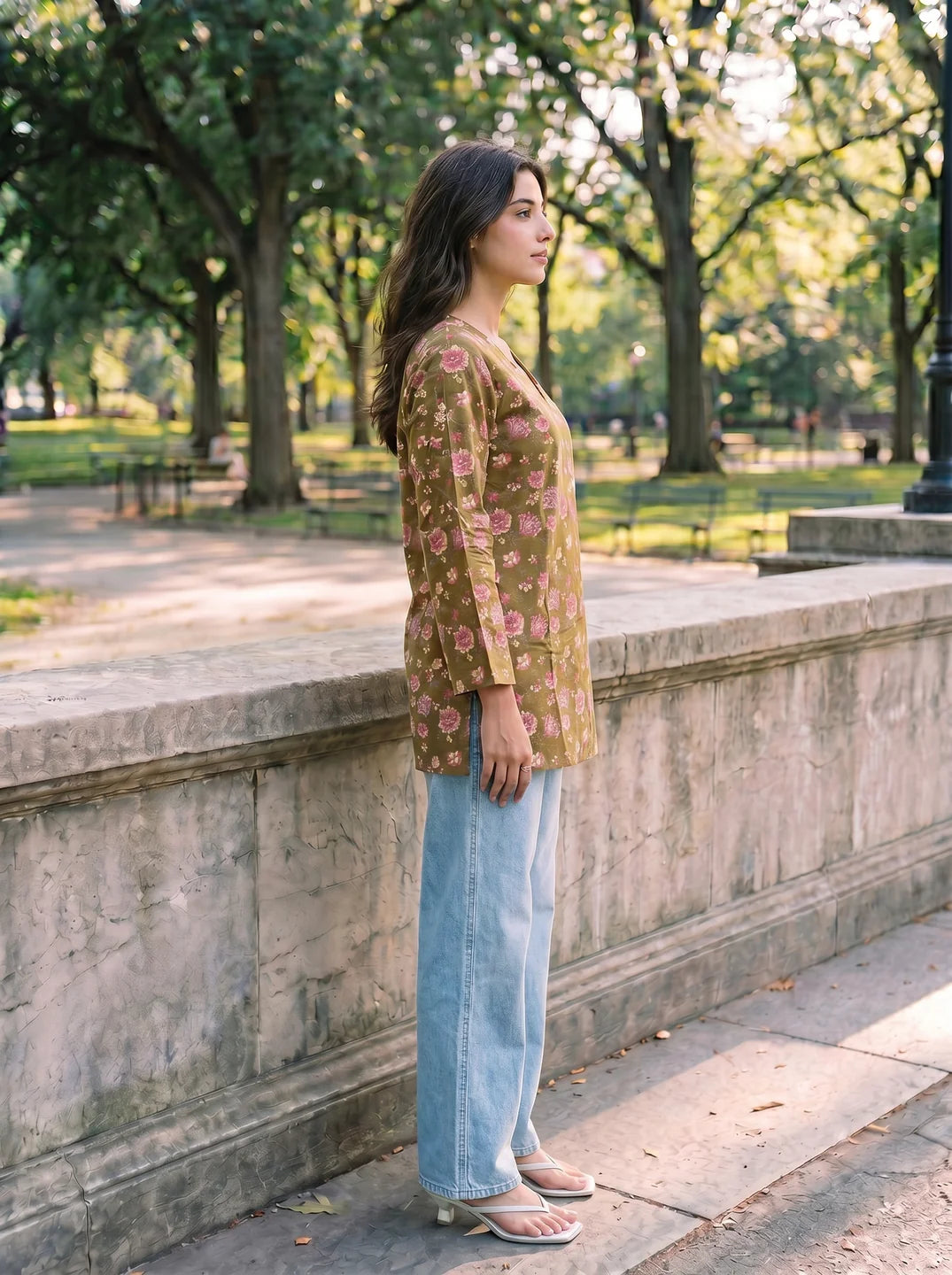 Olive Green Floral Print Cotton Short Kurti