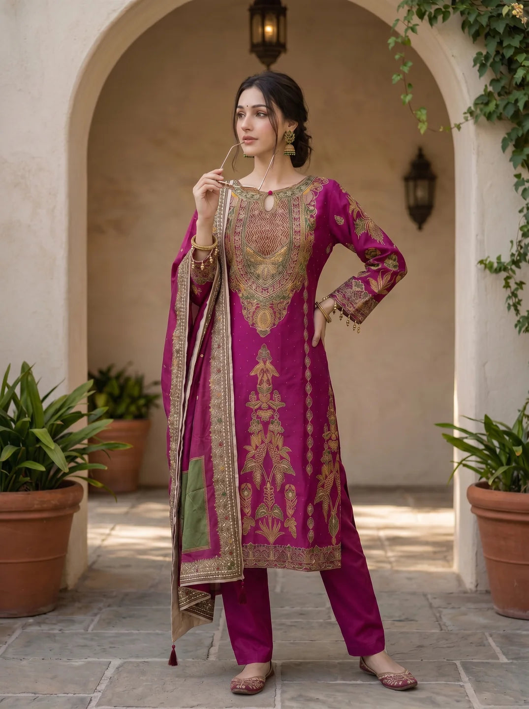 Fuchsia Pink Printed Kurta Set With Muslin Dupatta