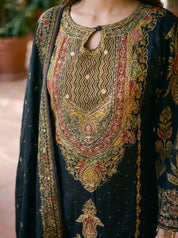 Black Printed Kurta Set With Muslin Dupatta